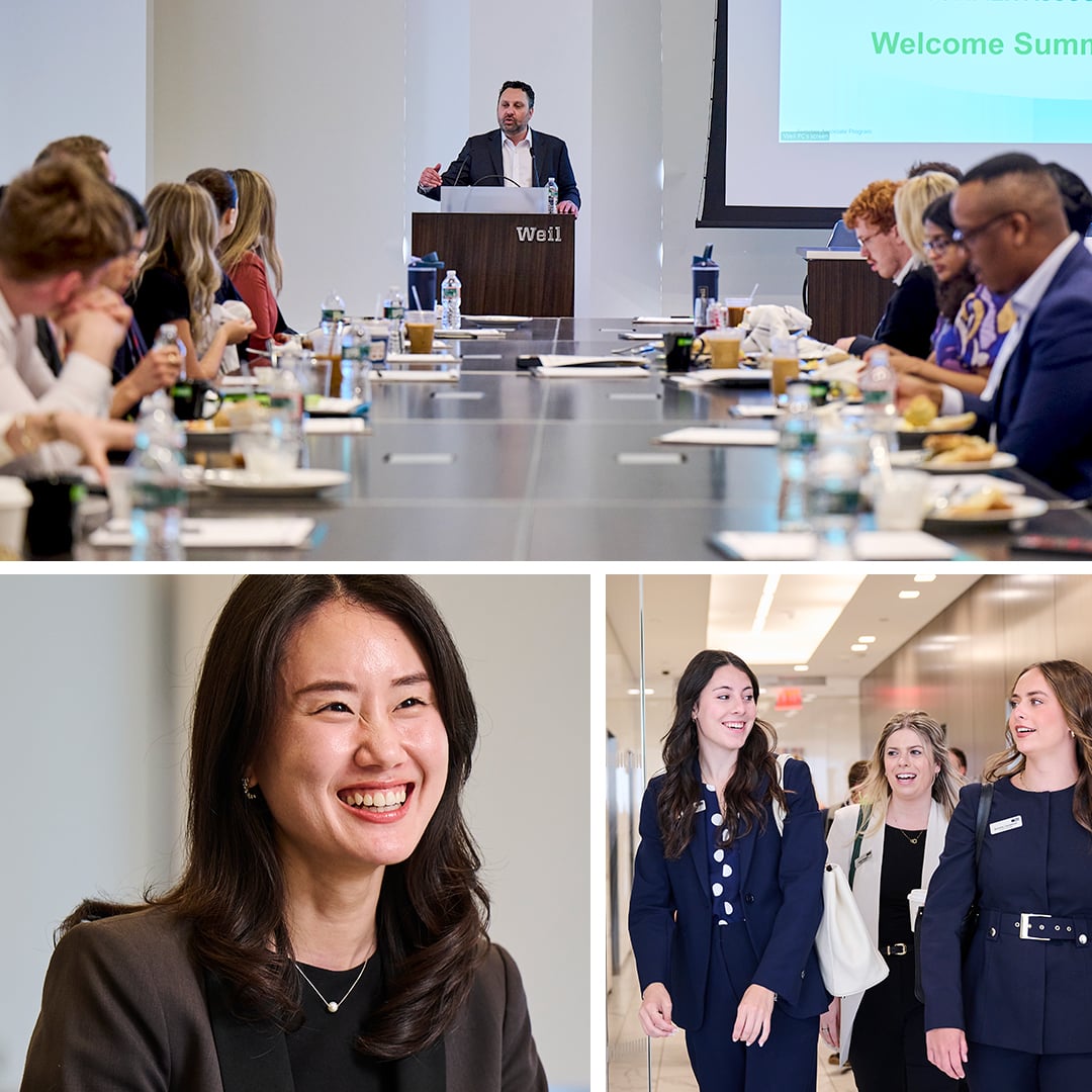 Weil summer associates at a firm presentation and around the office